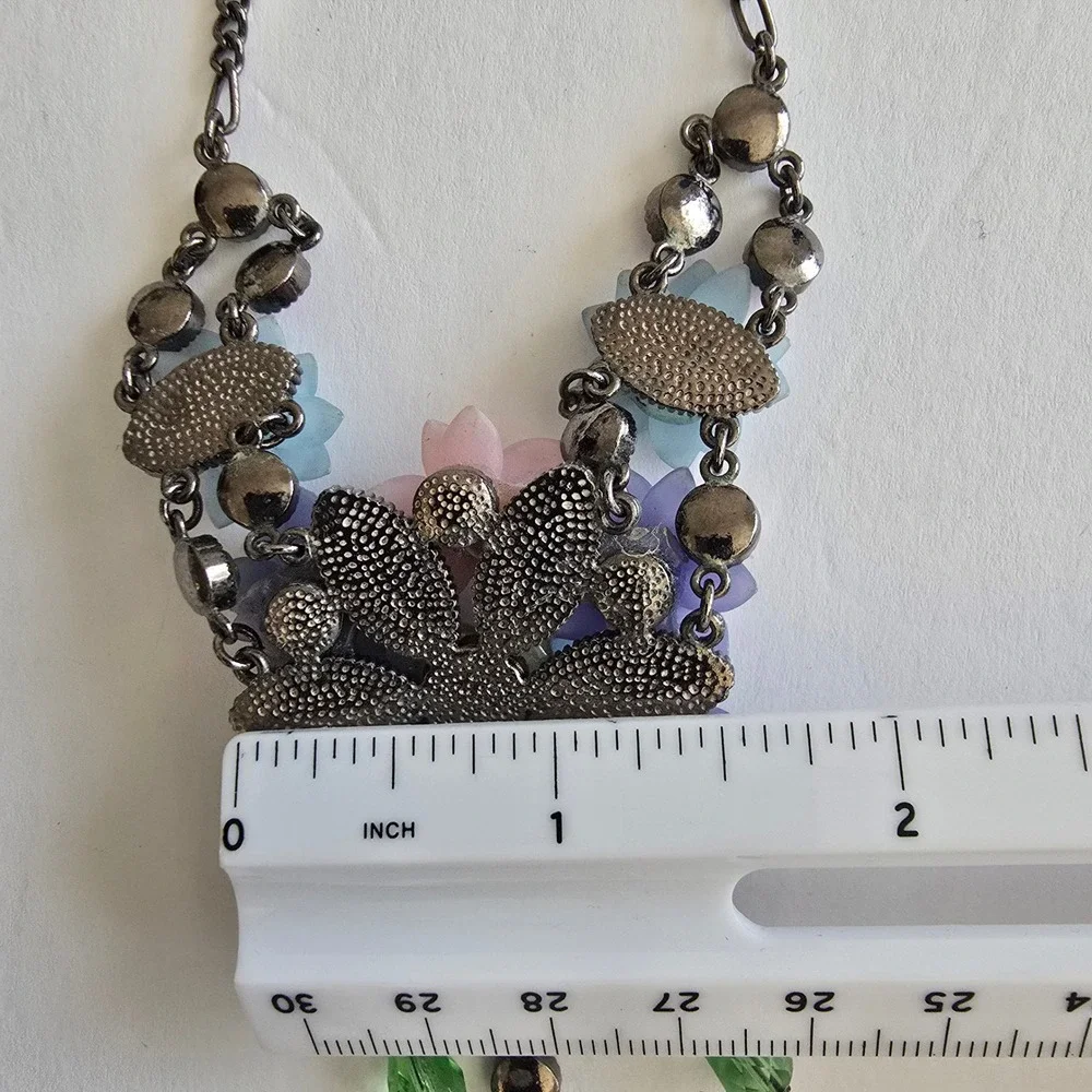 Floral Bib Necklace Earring Set Pastel Resin Flowers Gunmetal Rhinestone Jewelry